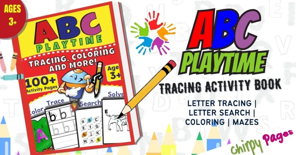 trace the abcs book - alphabet tracing book - activity book header page with mazes for kids, alphabet coloring pages, letter find games, abc games