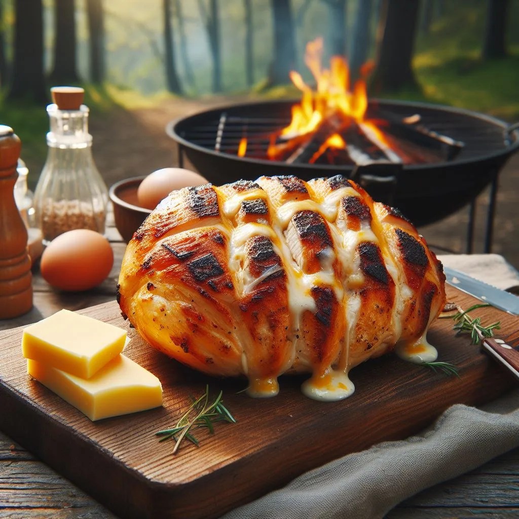 image of Cheese-Stuffed Chicken Breast grilled with a camping scene in woods and forest. burning grill in background. another easy camping food recipe