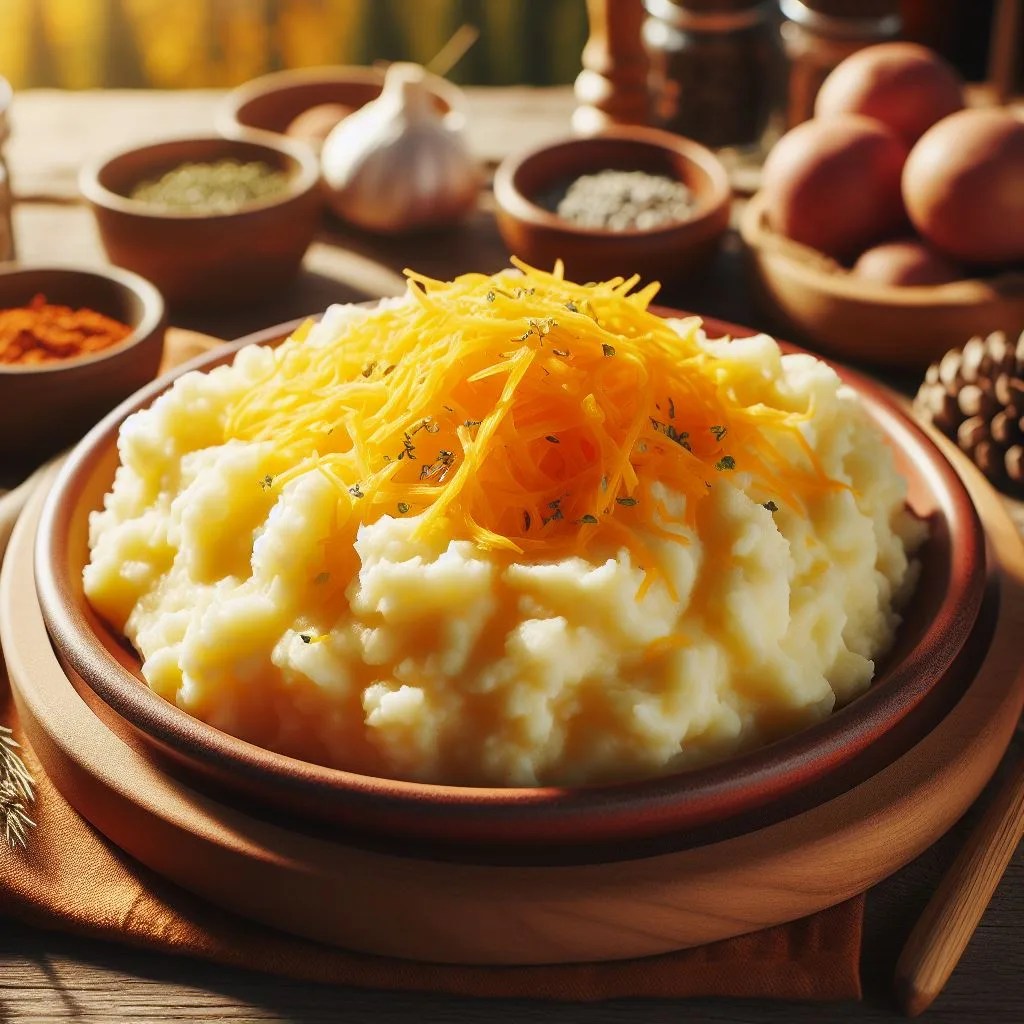 Cheesy Garlic Mashed Potatoes as easy camping food recipe in a natural setting wooden cutlery, eggs garlic spices in the background