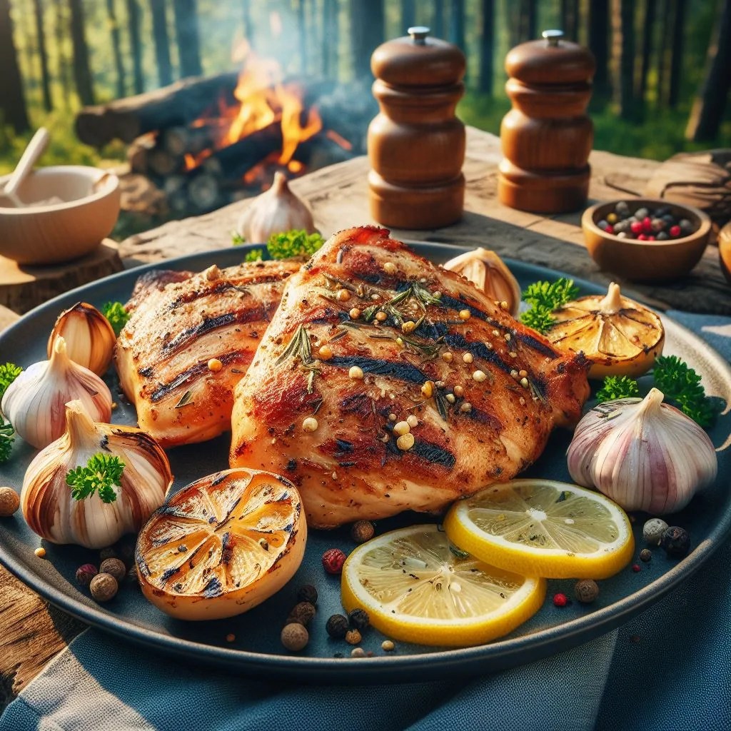 Lemon Garlic Butter Chicken on a plate in forest setting in woods. lemon slices, garlic cloves beside the grilled chicken , campfire in the background , salt and pepper on the table