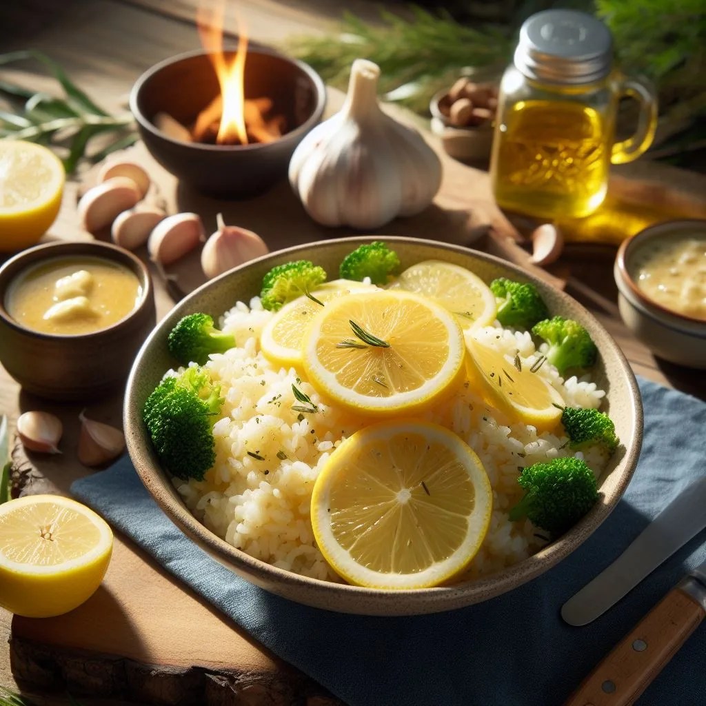 Lemon Garlic Butter Rice serves with lemon slices in woods , oil, garlic, butter, lemons in beside the rice plate , rice garnished with green vegies, tempting food