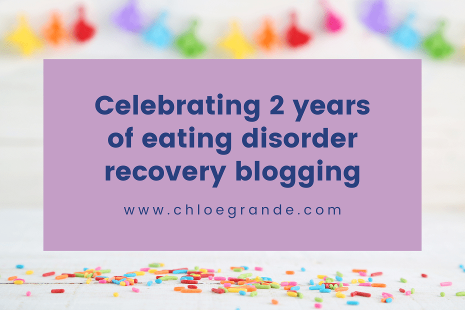 Celebrating 2 years of eating disorder recovery blogging text with balloons in background