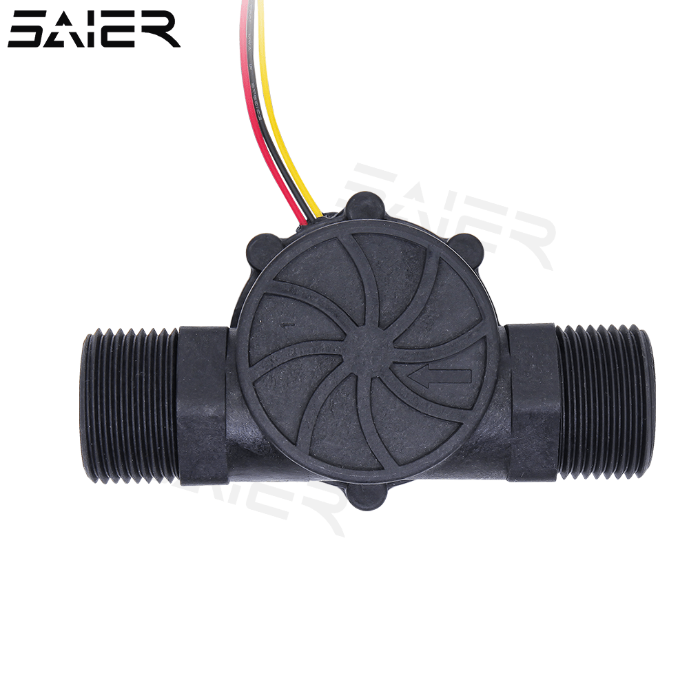 SAIER SEN-HZG1WB G1-inch male thread water flow sensor made of PA66+30%GF plastic with 3-wire NPN pulse harness.