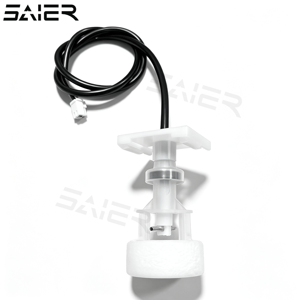 SAIER SEN-PPT46 vertical float level switch with PP float ball and black wire harness for dehumidifier and air conditioner condensate tanks.