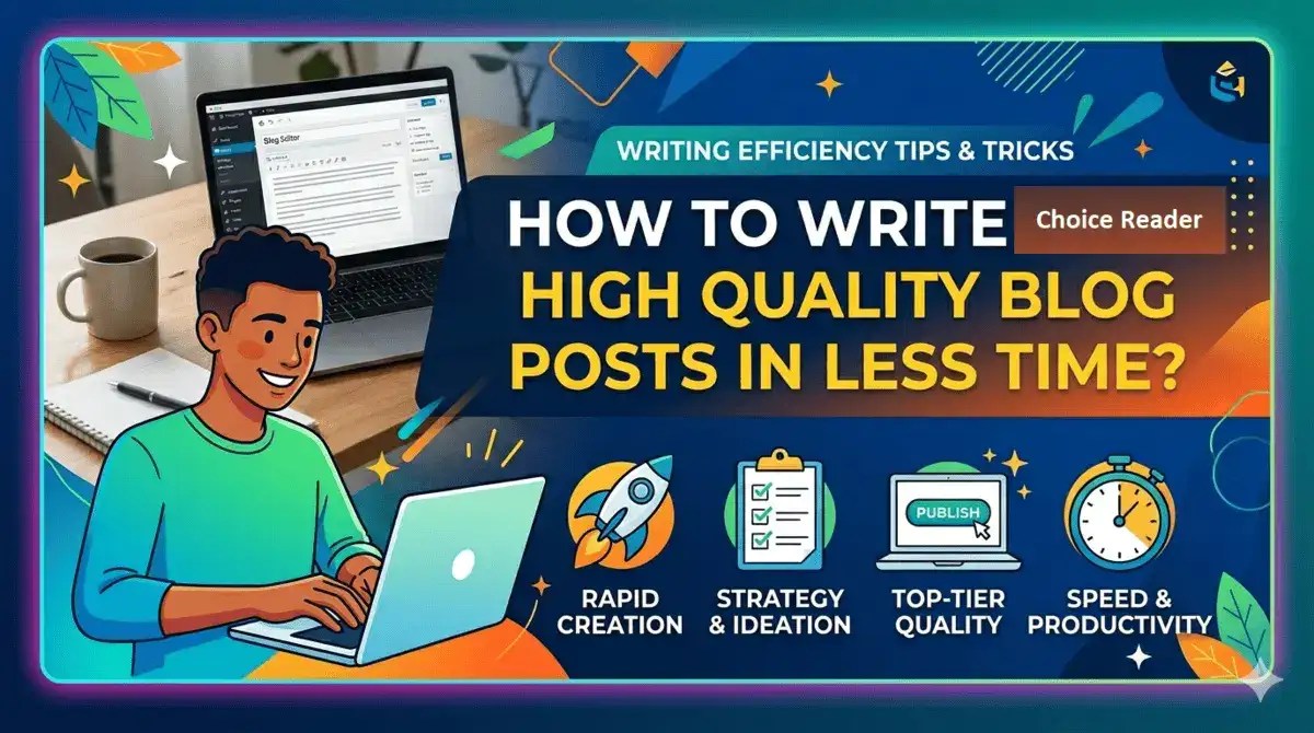 How to write high quality blog posts in Less time by Choice Reader targeting rapid creation, strategy, quality, speed.