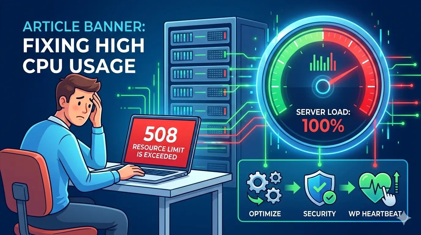 Banner image addressing high CPU usage, emphasizing that the 508 resource limit has been exceeded.