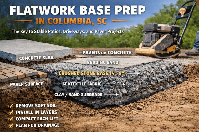 Flatwork base prep Columbia SC showing crushed stone base layers, geotextile fabric, and concrete and paver installation cross section