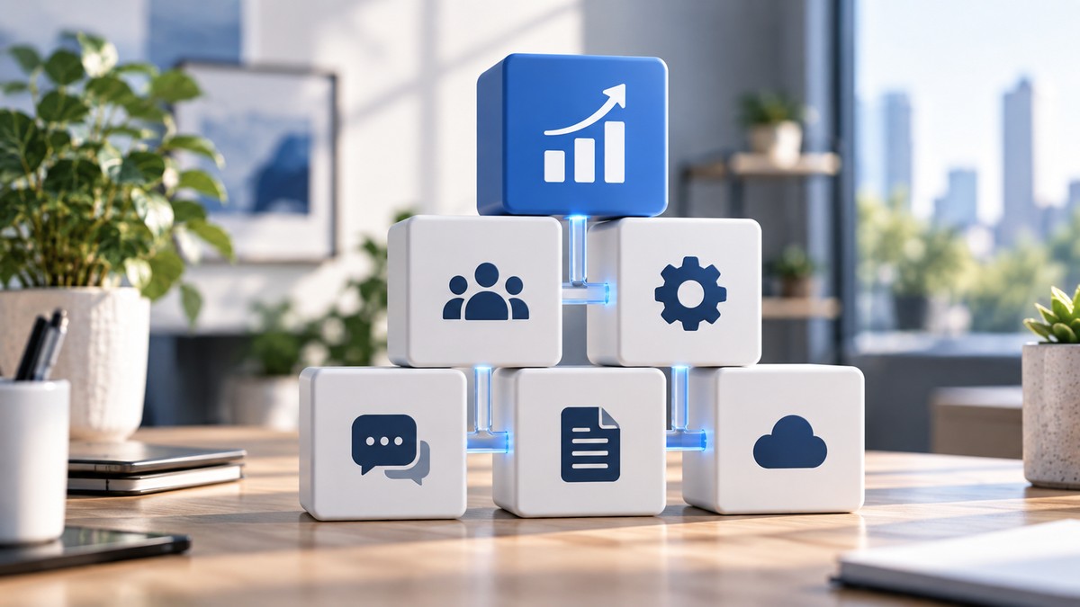 A modular software stack built from connected business capabilities and growth-oriented building blocks.