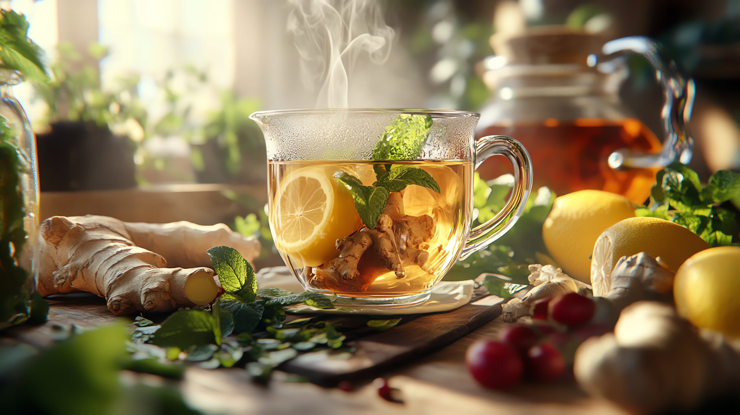 Herbal tea with lemon and ginger, warm beverage