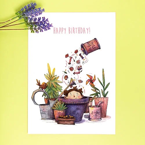 Happy birthday greeting cards - Girl in plant pot Shannon Bergin
