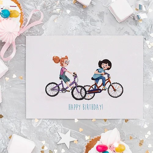 Happy birthday greeting cards - Girls on bike Shannon Bergin