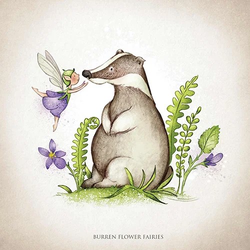 Greeting card - Wildlife - Badger and Violet Burren Flower Fairies