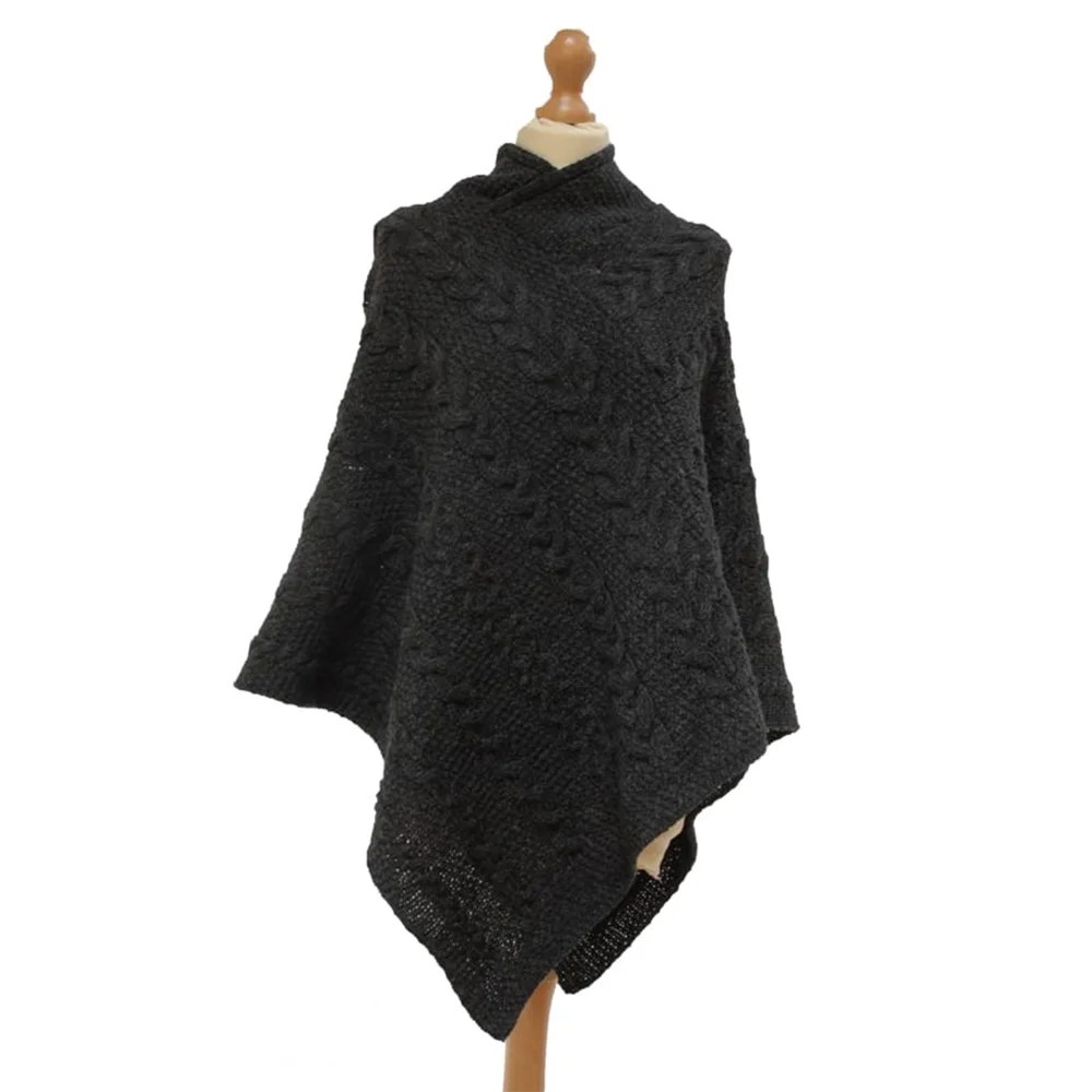 Traditional Aran Wool Poncho - Charcoal Kerry Woolen Mills
