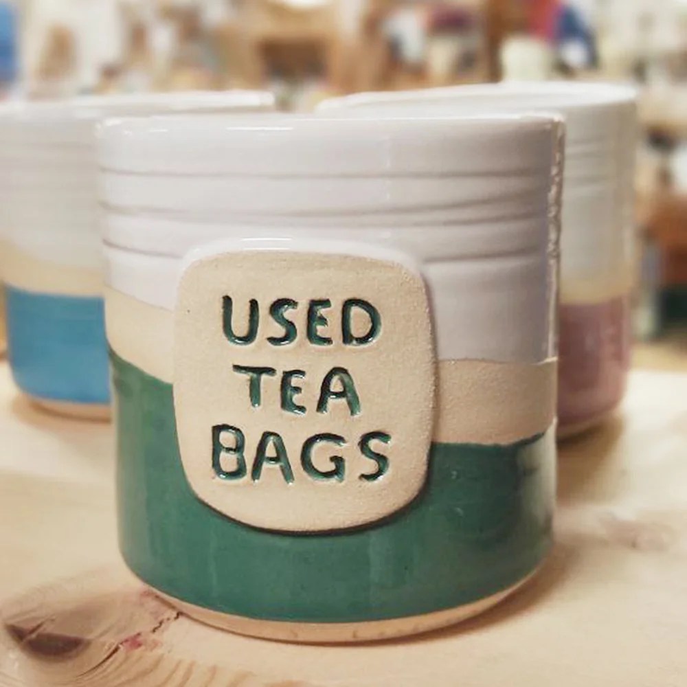 Used tea bags pot - Green, English Woodford Pottery