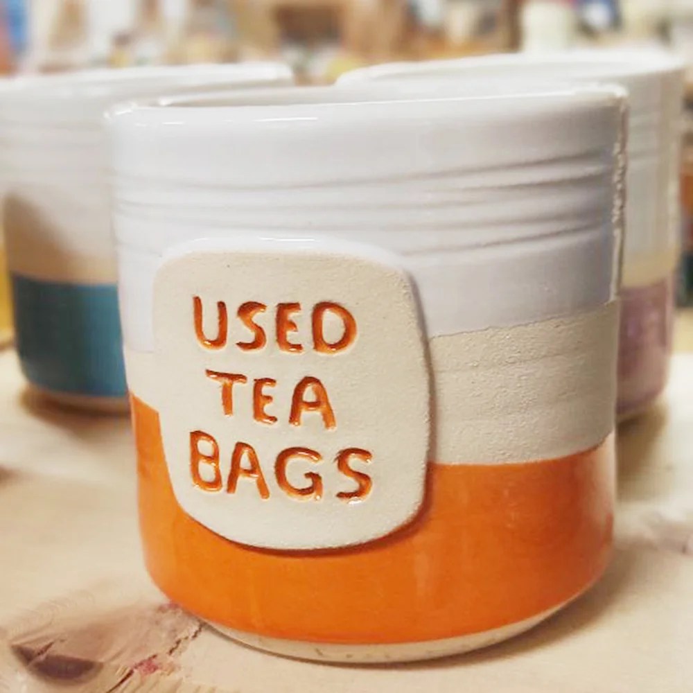 Used tea bags pot - Orange, English Woodford Pottery