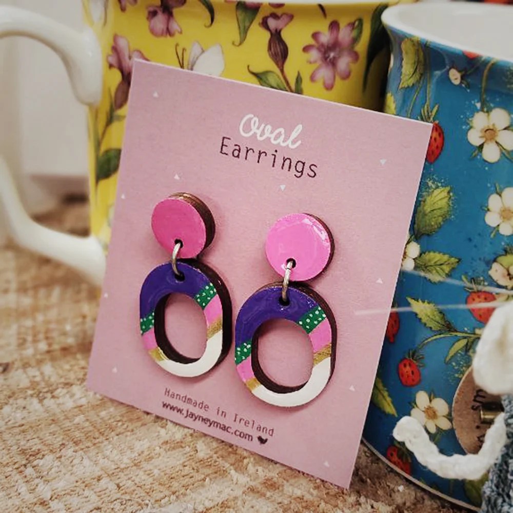 Wooden oval earrings - Purple Jayney Mac