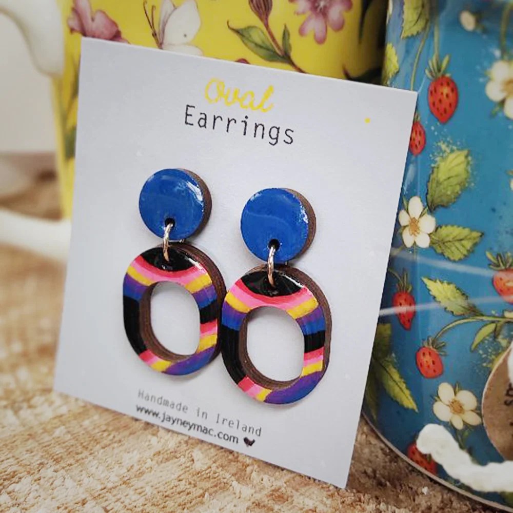 Wooden oval earrings - Blue Jayney Mac