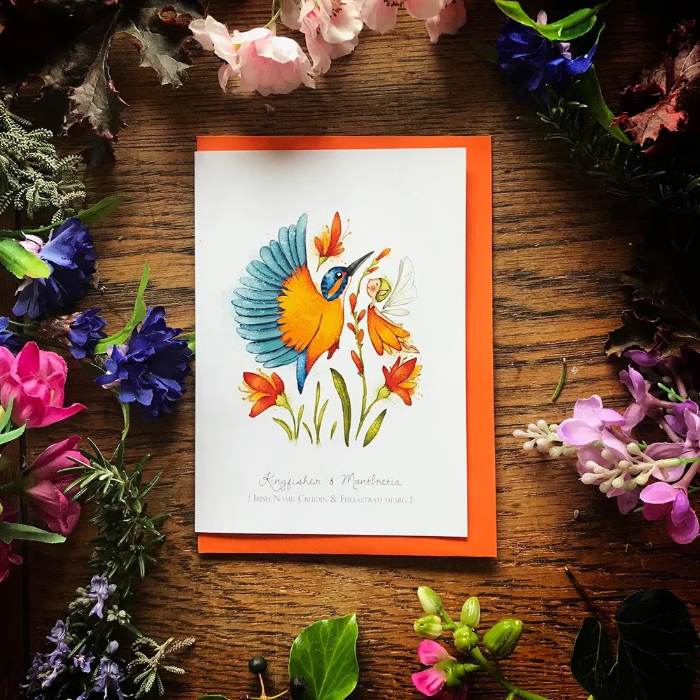 Greeting cards - Wild Birds - Kingfisher & Montbretia Burren Flower Fairies