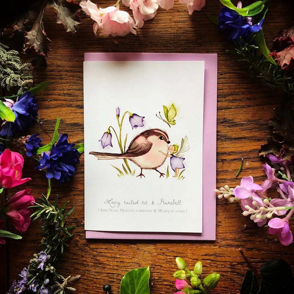 Greeting cards - Wild Birds - Long tailed tit & harebell Burren Flower Fairies