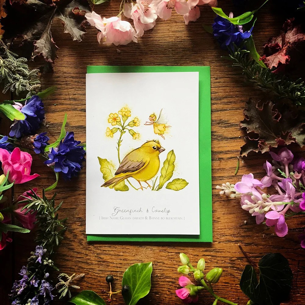 Greeting cards - Wild Birds - Green finch & cowslip Burren Flower Fairies