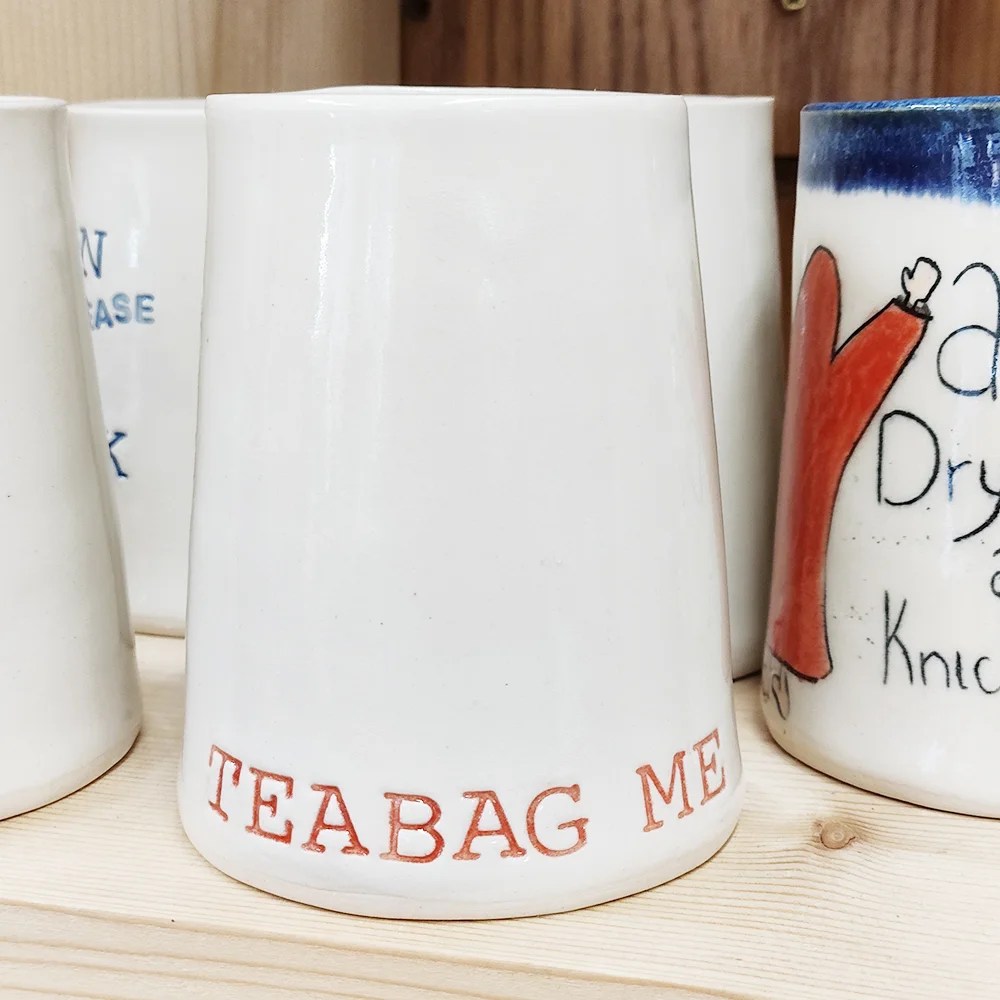 Tea bag me mug Clare Blount Pottery