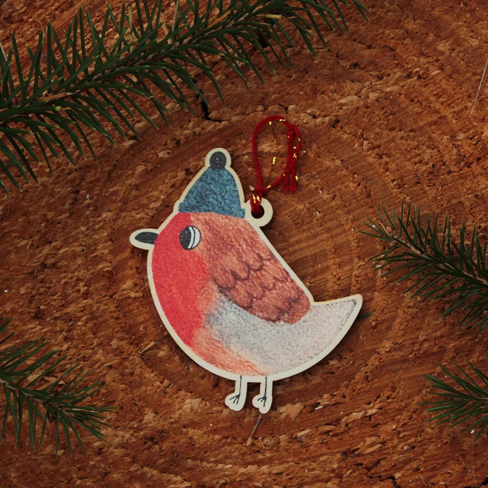 Bird Wood Decoration - Robin with hat Tiny Studio