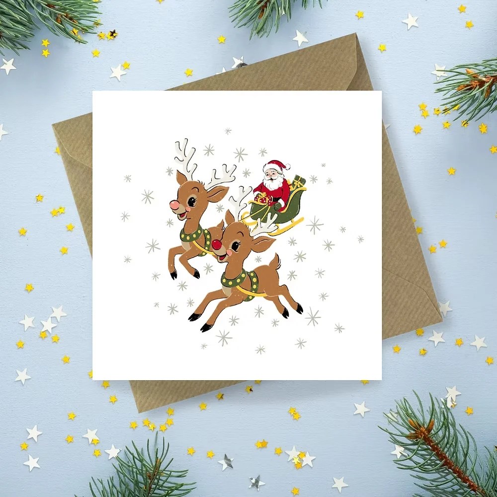 Vintage Christmas Card - Deers and Santa Sayers Studio