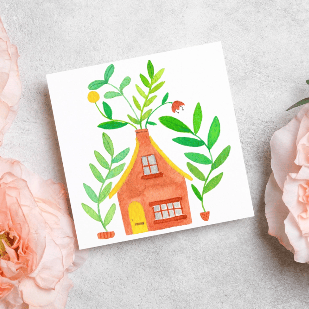 Greeting card - Cottage - House growing plants 2