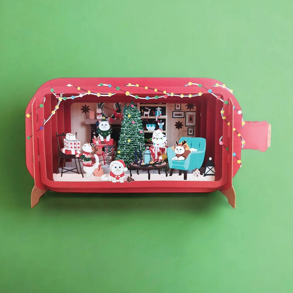 Message in a Bottle Pop-Up Christmas Card - Christmas Cats