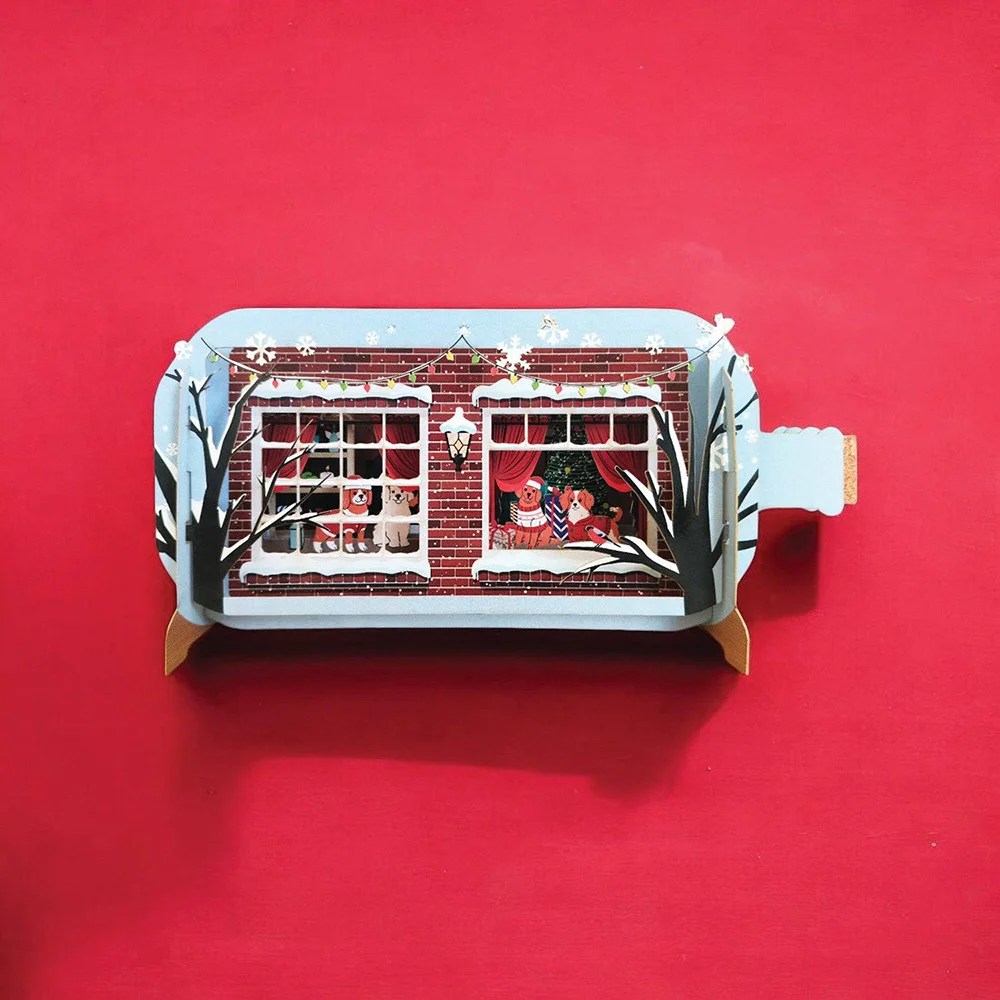 Message in a Bottle Pop-Up Christmas Card - Dog and Window