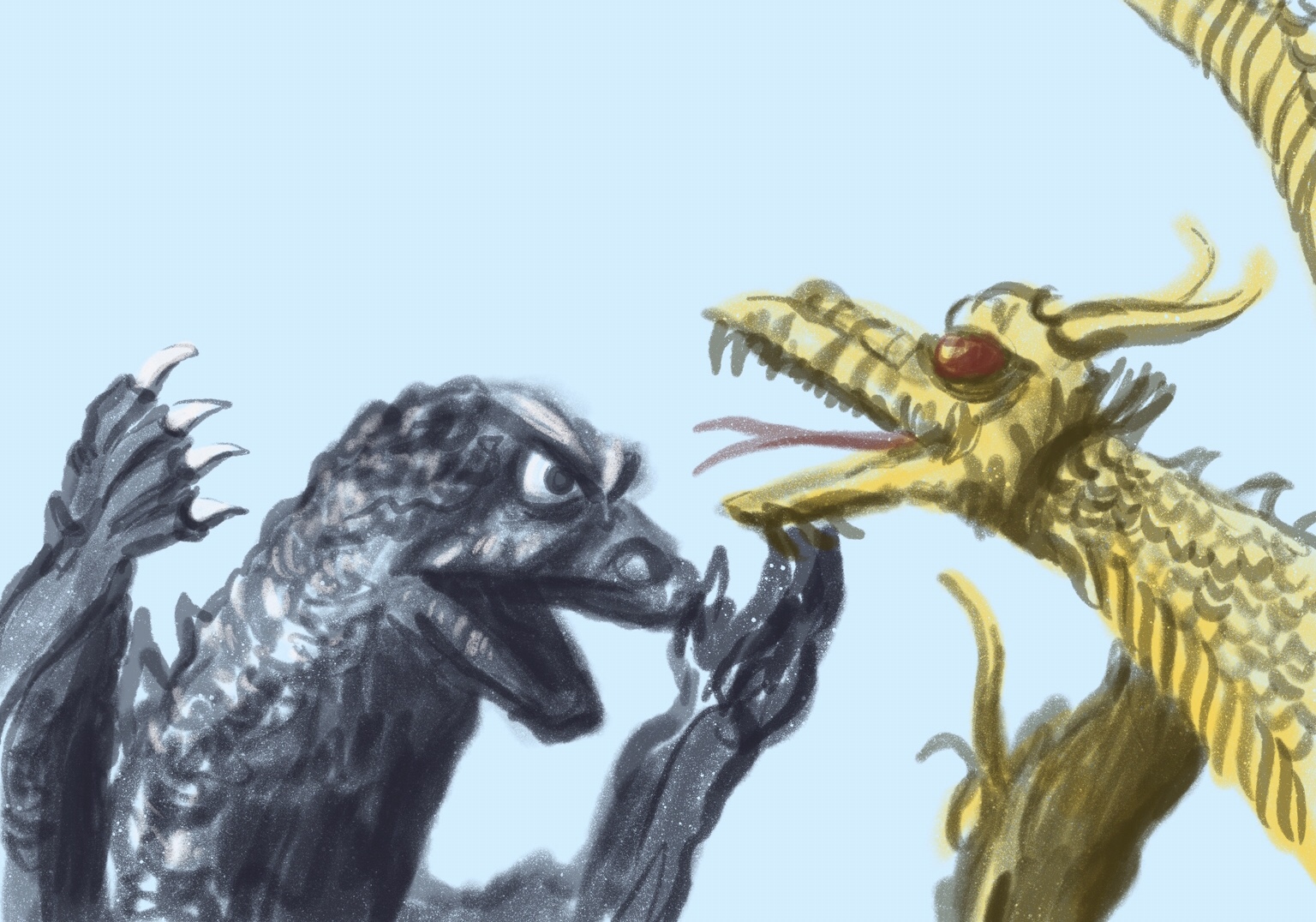 godzilla vs. king ghidorah sketch by chris cowdrill