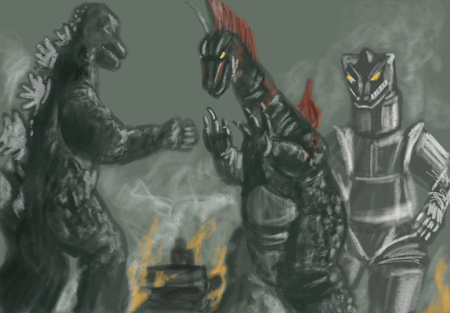godzilla vs. titanosaur and mechagodzilla sketch by chris cowdrill