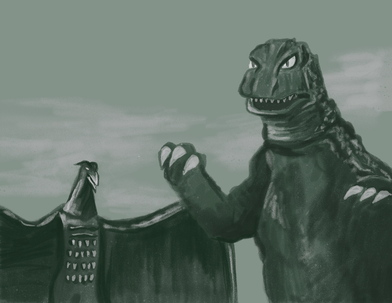 godzilla and rodan sketch by chris cowdrill