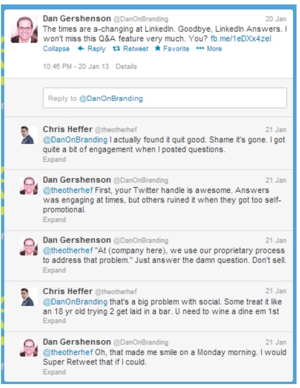 twitter conversation between @theotherhef and @danonbranding