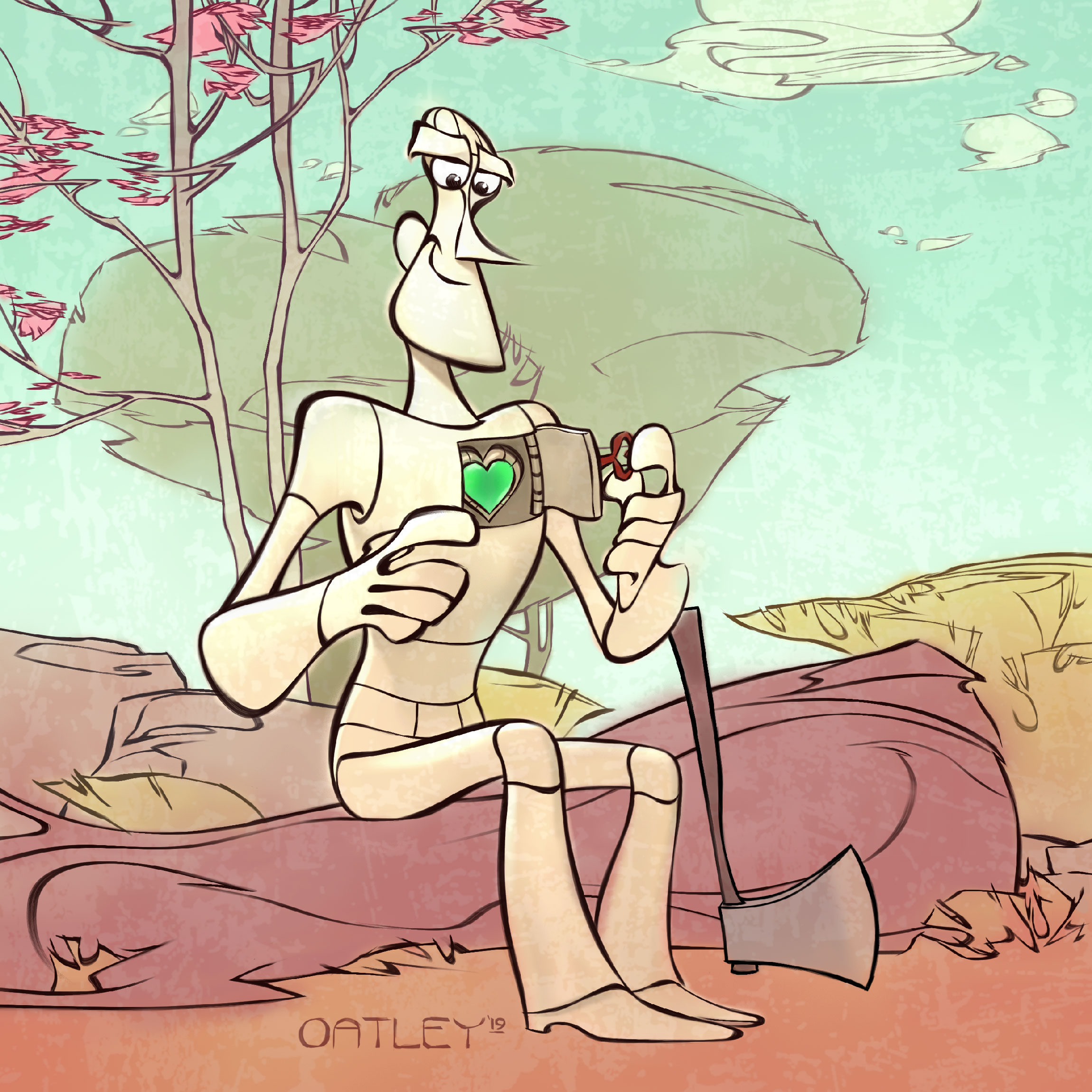 The Tin Man, resting in a serene forest clearing, opens his heart hatch to admire the emerald heart from The Wizard Of Oz. Illustration by Chris Oatley.