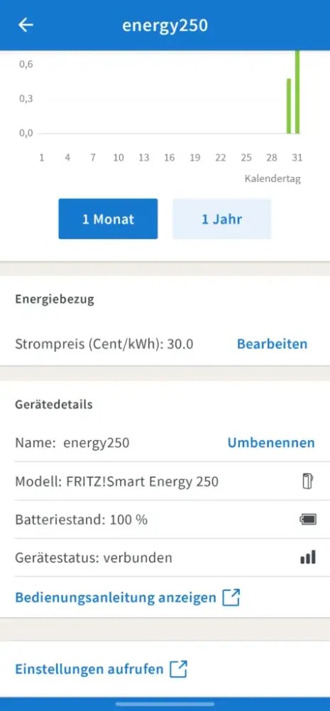 Energieverbrauchsanzeige des FRITZ!Smart Energy 250 Stromsensors in der FRITZ!Box Weboberfläche Gerätedetails