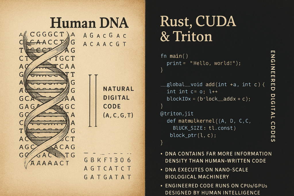 Human DNA and Rust, CUDA, and Triton code.