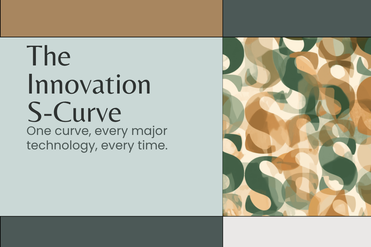 Graphic showing the words "The Innovation S-Curve" alongside a decorative pattern of overlapping letter S shapes in sage green, warm tan, and dark green, with the caption "One curve, every major technology, every time."