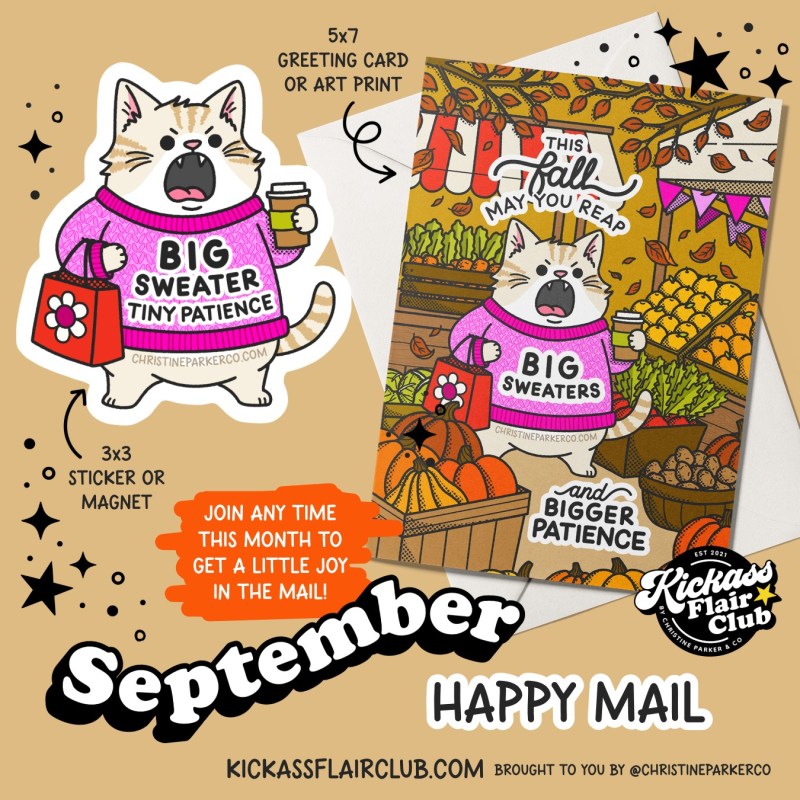 A whimsical illustration featuring a cat in a big sweater holding a coffee cup, with text 'BIG SWEATER TINY PATIENCE'. Nearby is a greeting card design that includes autumn elements with the message 'THIS FALL MAY YOU REAP BIG SWEATERS and BIGGER PATIENCE'.