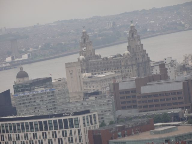 The Royal Liver Building seen from atop the Liverpool Cathedral