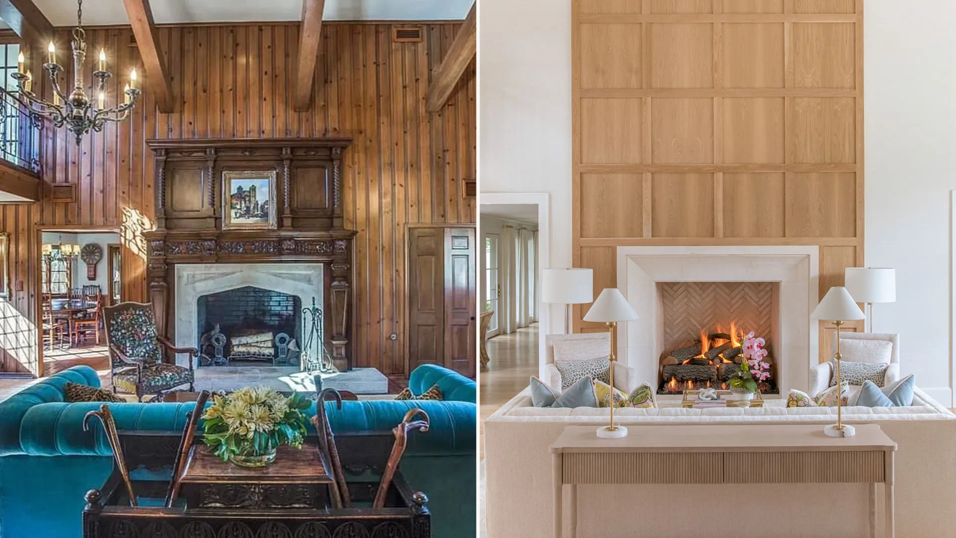 Side by side fireplace before and after remodel from western style to modern white oak