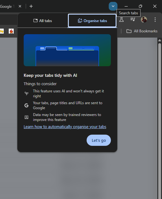 Chrome Tab Orgnizer Feature