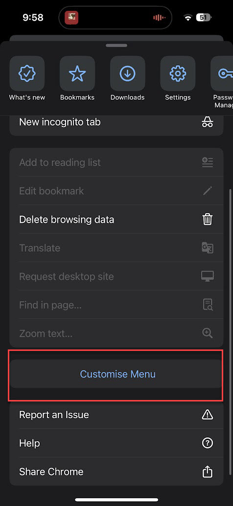 Chrome iOS Customize Menu