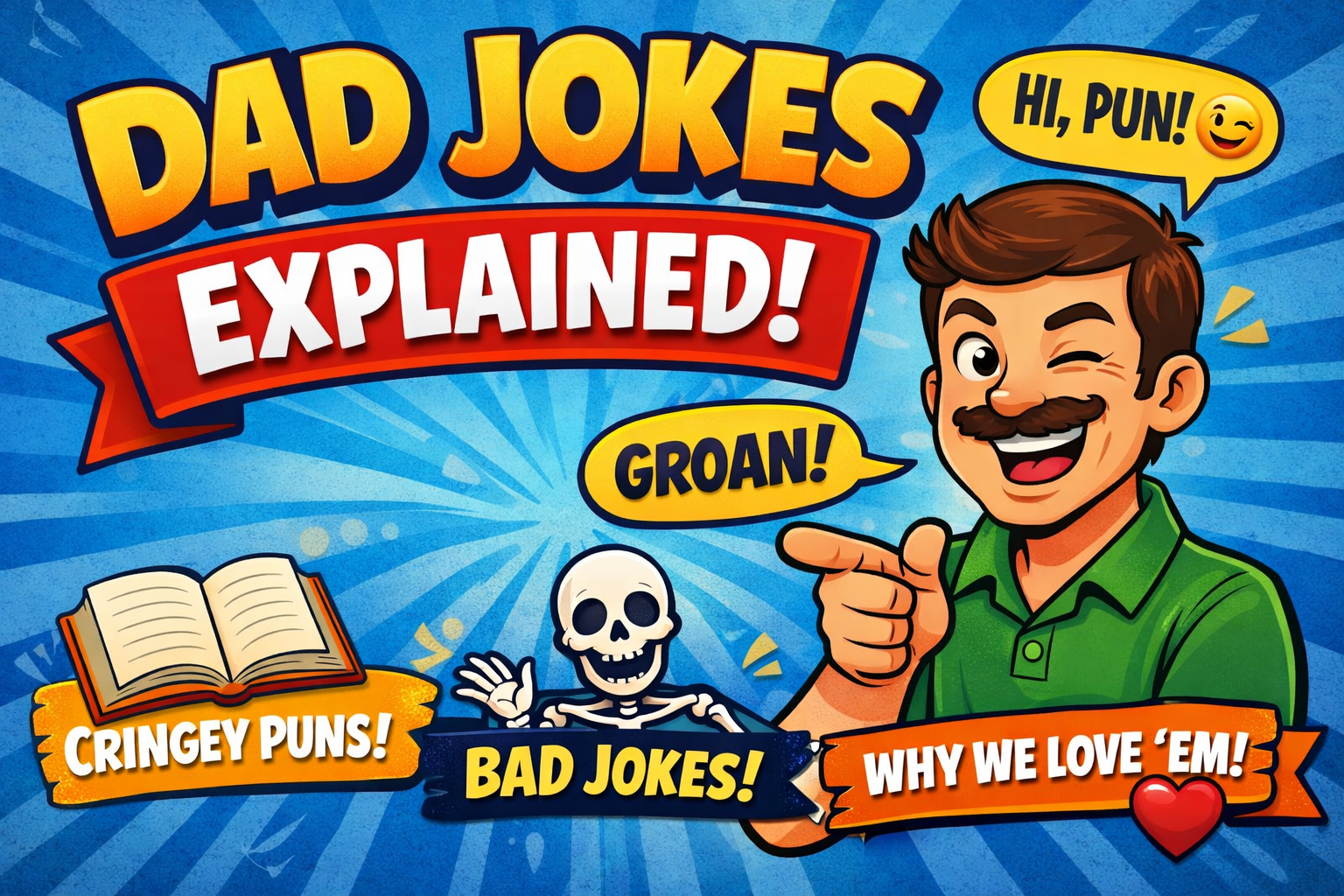 Dad jokes explained cartoon thumbnail with funny dad and puns