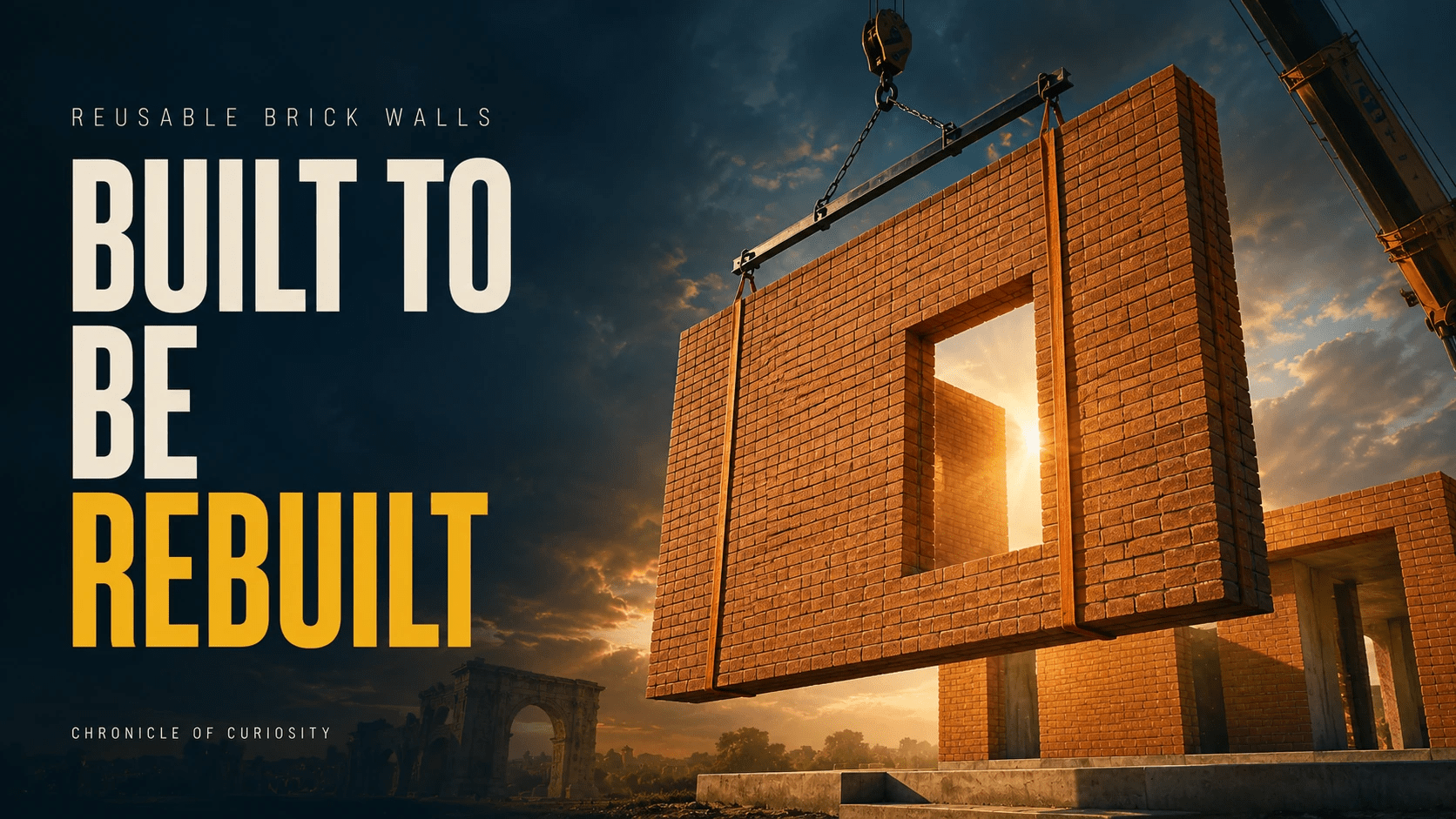 Crane lifting a reusable brick wall against a dramatic sunset, with the headline “Built to Be Rebuilt.”