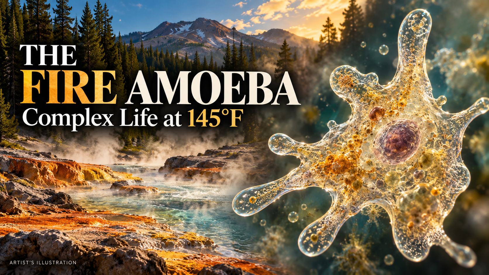 Illustration of a fire amoeba beside a steaming geothermal stream in Lassen Volcanic National Park