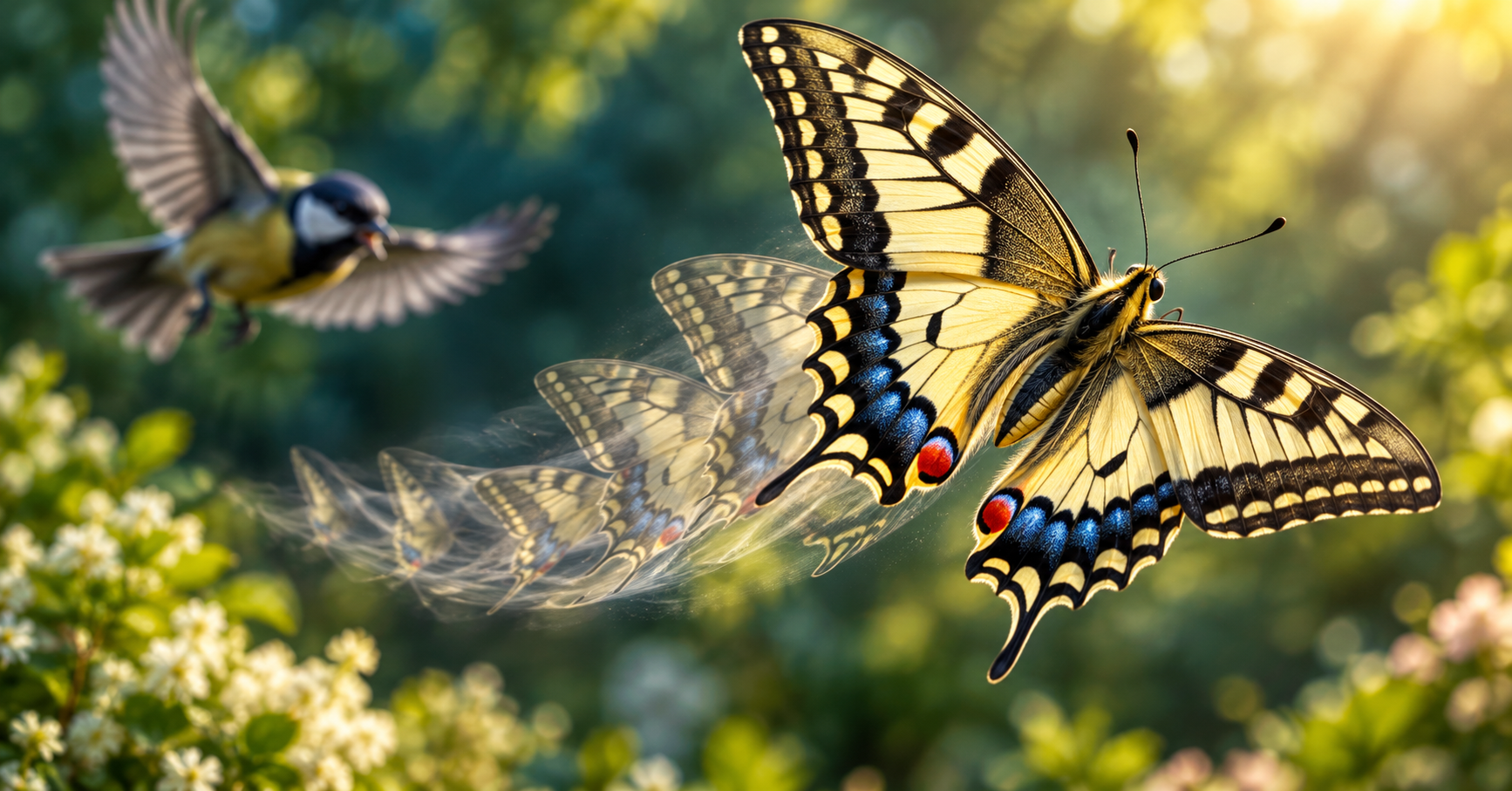 Illustration of a swallowtail butterfly with ghosted motion trails and a bird pursuing it in the background.
