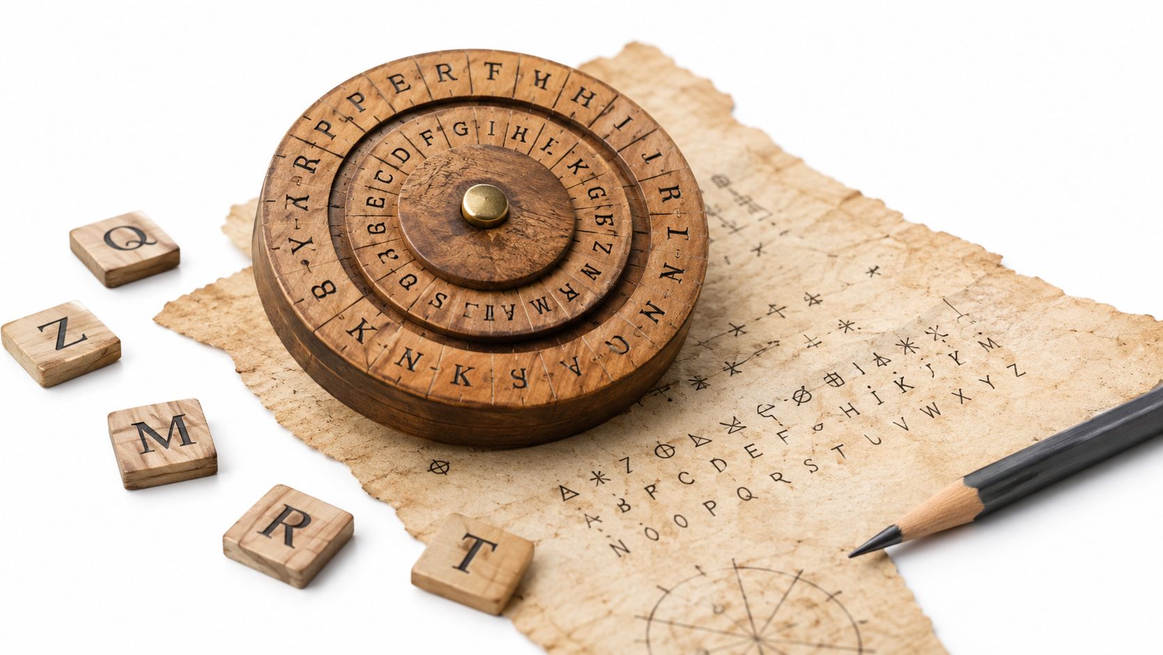A wooden cipher wheel rests on aged parchment paper with wooden letter tiles and a pencil.