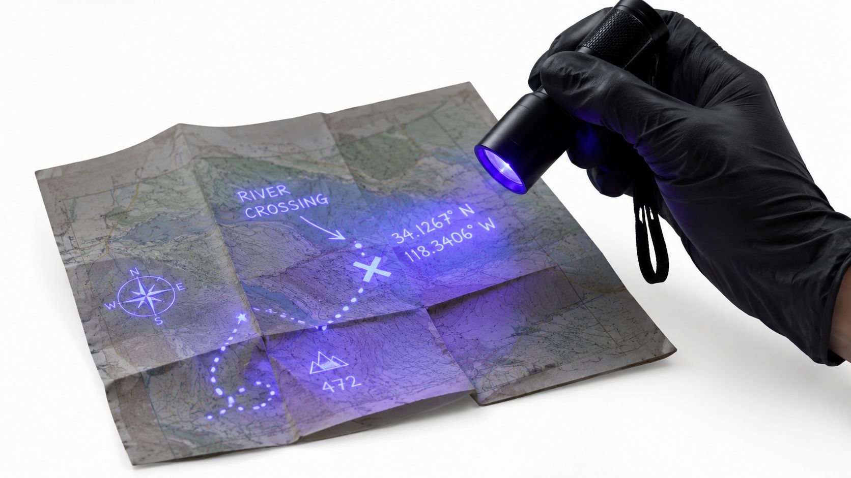 A gloved hand uses a UV flashlight to reveal glowing, hidden navigation coordinates and markings on a map.