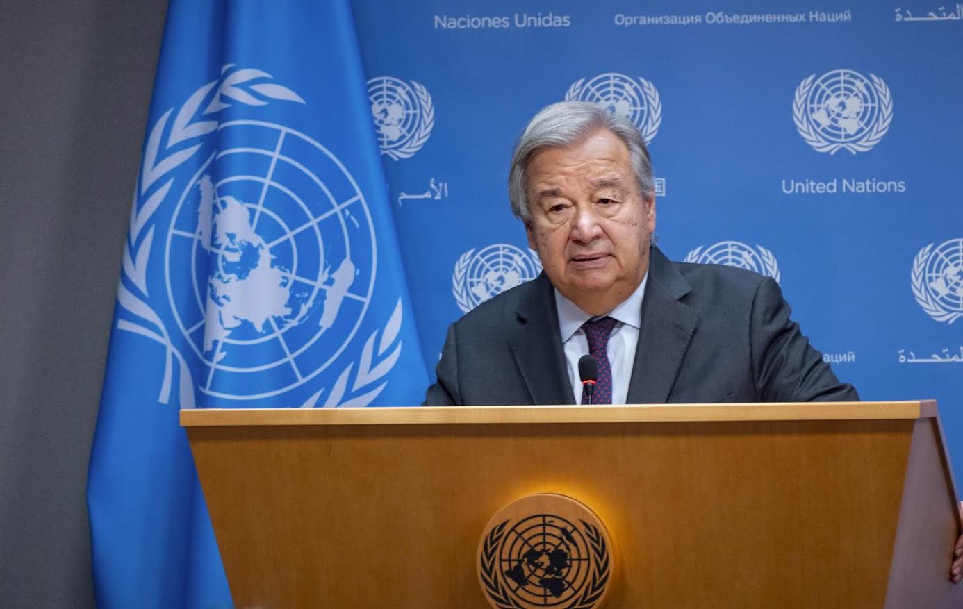 United Nations Secretary-General Antonio Guterres addresses the situation in Israel after an attack by Hamas during a news briefing at United Nations headquarters Monday, Oct. 9, 2023. (AP Photo/Craig Ruttle)